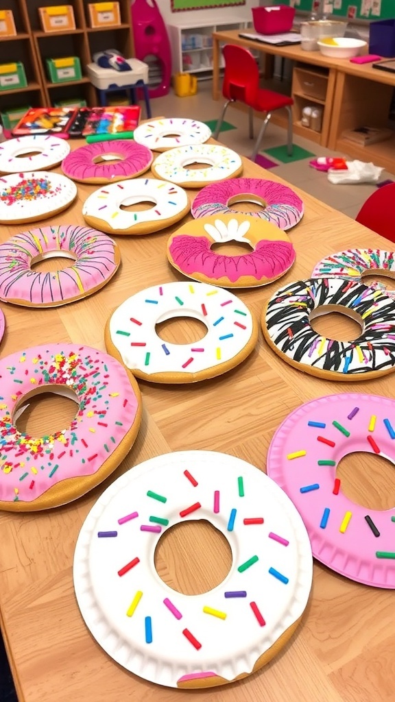 Creative Donut Art Project for Kids Colorful donut art projects made by kids displayed on a table with various craft supplies.